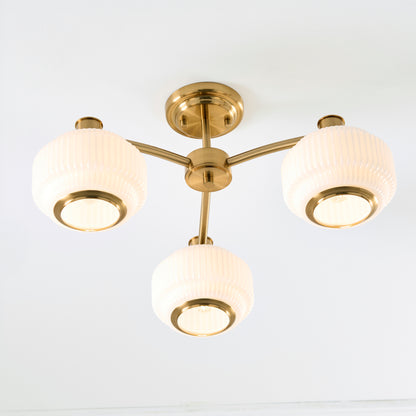 Evora 3 Light Aged Brass & Opal Ribbed Glass Semi-Flush Ceiling Light