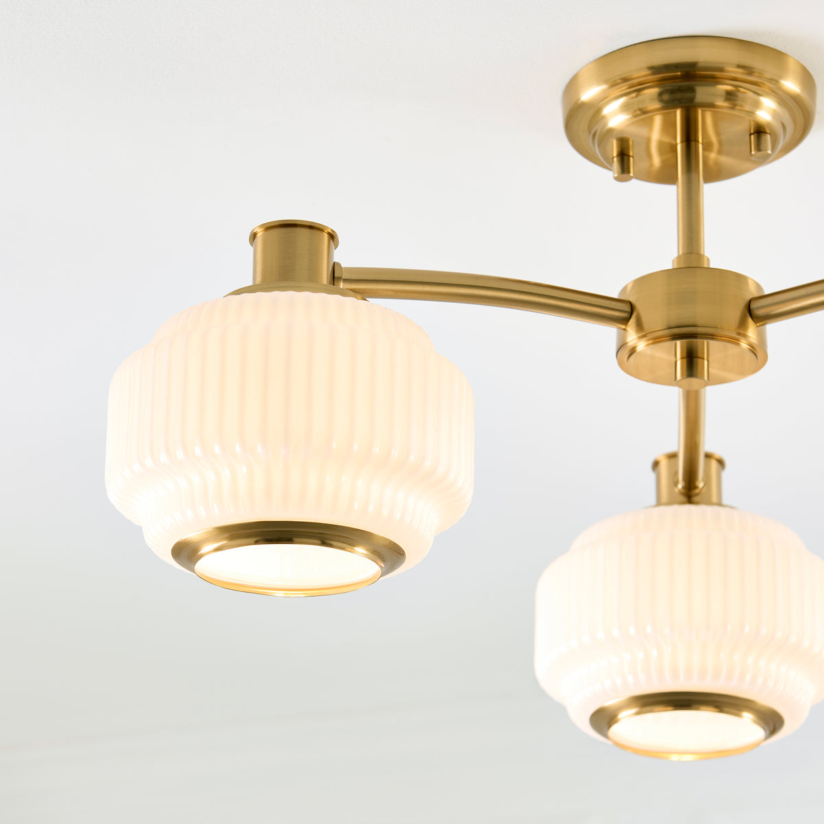 Evora 3 Light Aged Brass & Opal Ribbed Glass Semi-Flush Ceiling Light