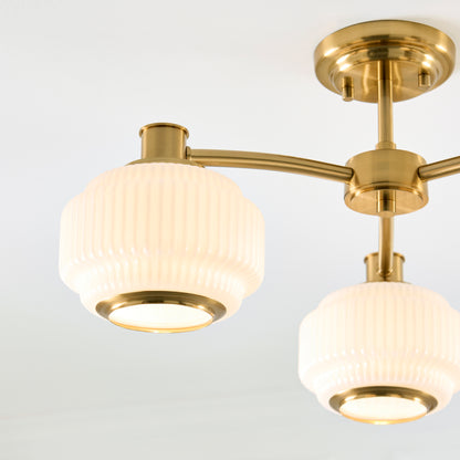 Evora 3 Light Aged Brass & Opal Ribbed Glass Semi-Flush Ceiling Light
