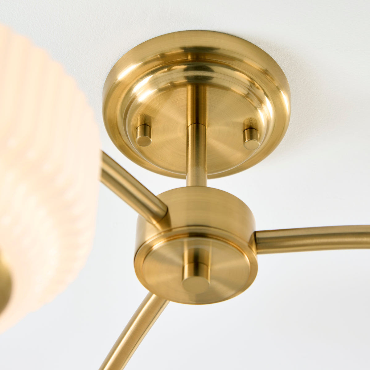 Evora 3 Light Aged Brass & Opal Ribbed Glass Semi-Flush Ceiling Light