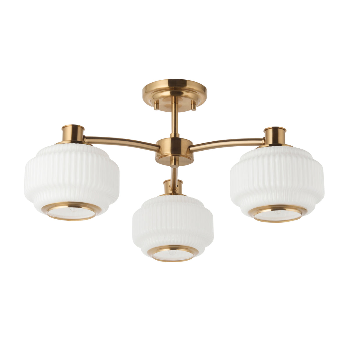 Evora 3 Light Aged Brass & Opal Ribbed Glass Semi-Flush Ceiling Light