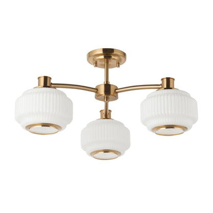Evora 3 Light Aged Brass & Opal Ribbed Glass Semi-Flush Ceiling Light