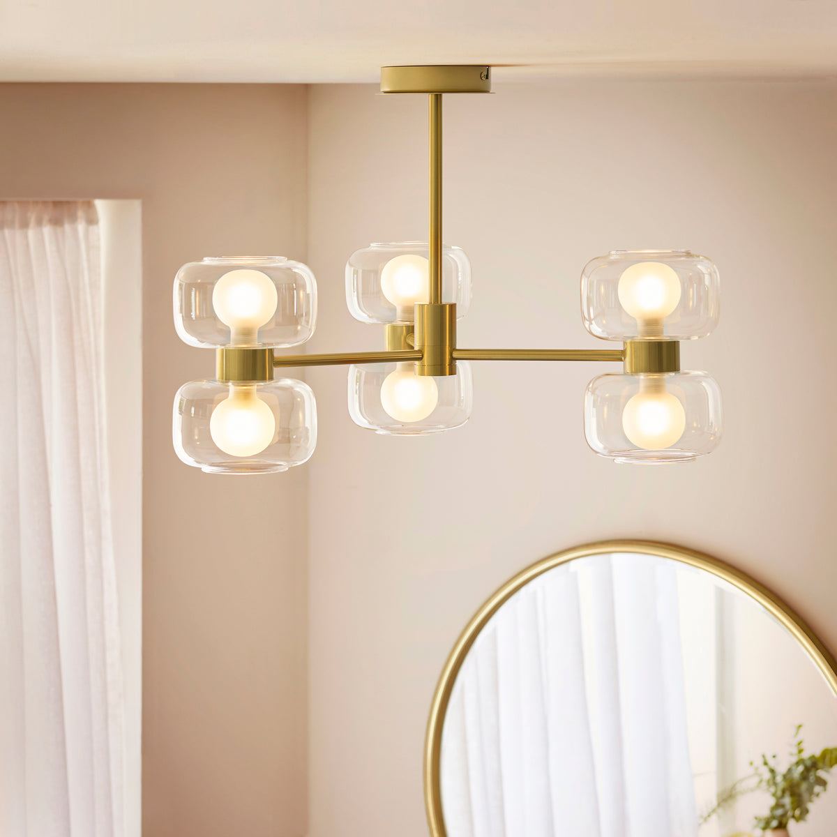 Rossano 6 Light Brass & Frosted Glass Semi-Flush Ceiling Light