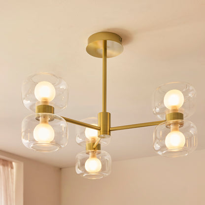 Rossano 6 Light Brass & Frosted Glass Semi-Flush Ceiling Light