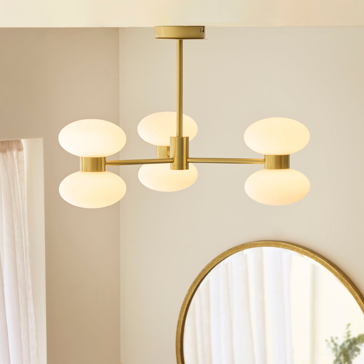 Rossano 6 Light Brass & Opal Glass Semi-Flush Ceiling Light
