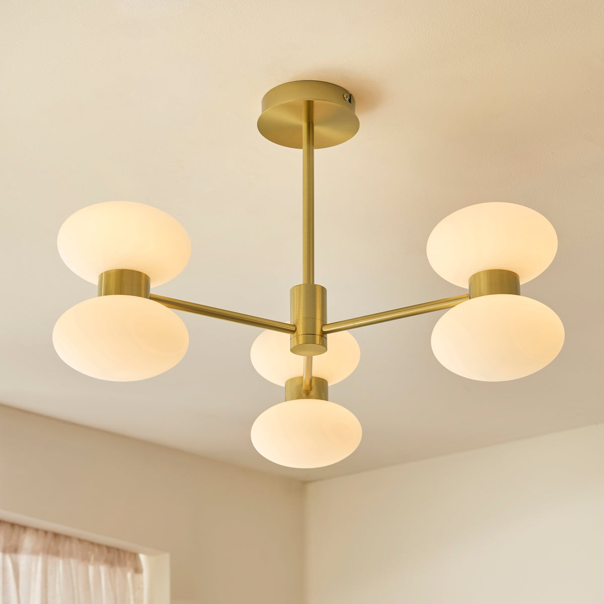 Rossano 6 Light Brass & Opal Glass Semi-Flush Ceiling Light