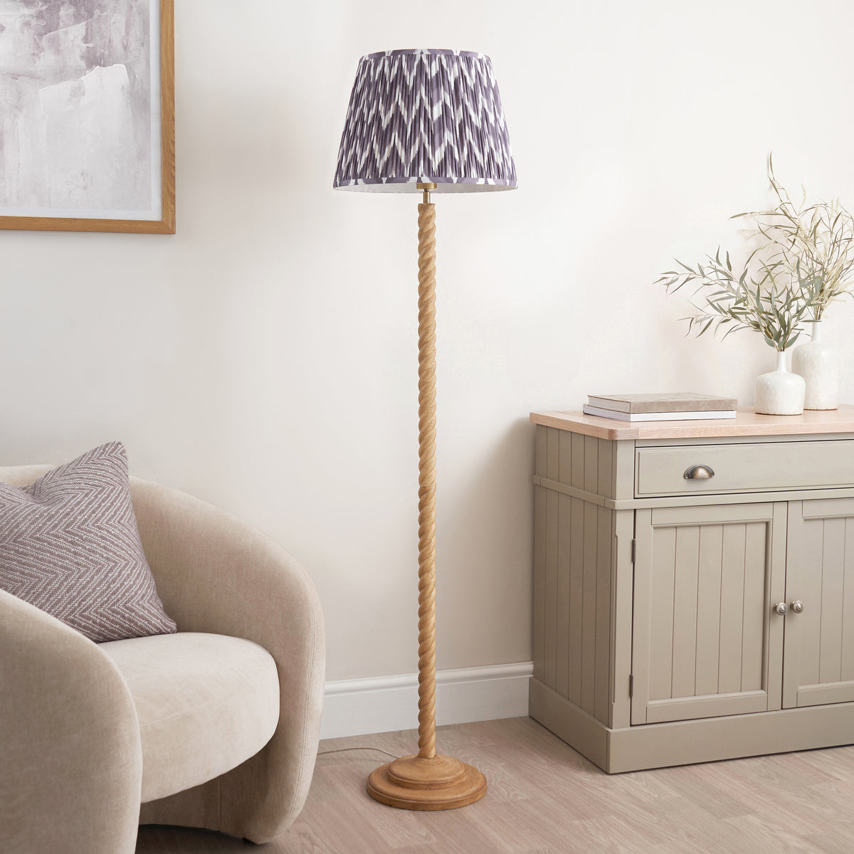 Twist Oak Effect Floor Lamp with Grey Zigzag Shade