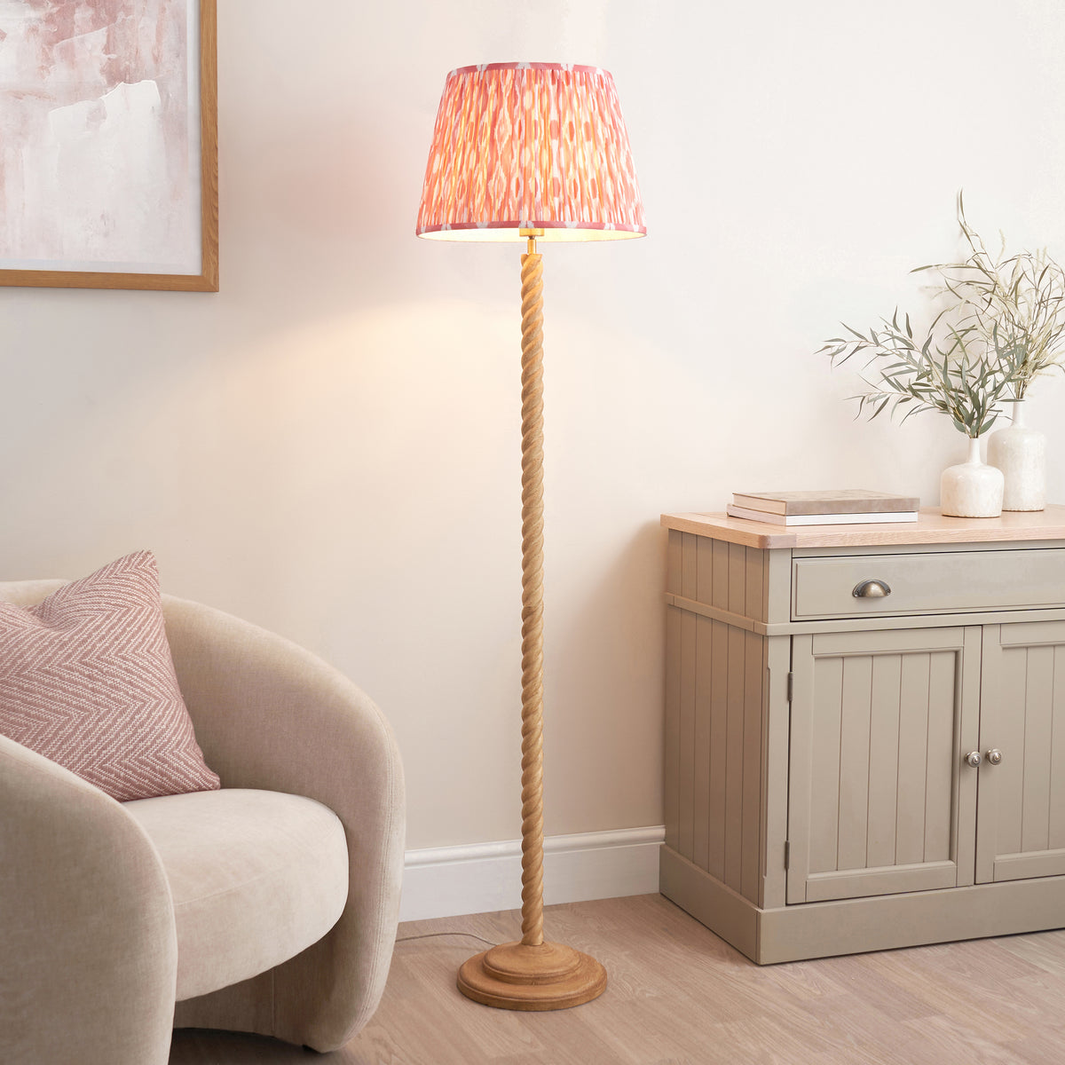 Twist Oak Effect Floor Lamp with Pink Ikat Shade