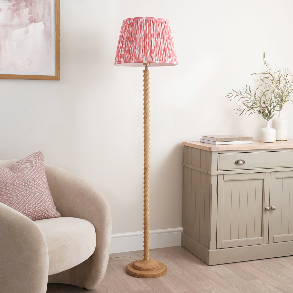 Twist Oak Effect Floor Lamp with Pink Ikat Shade