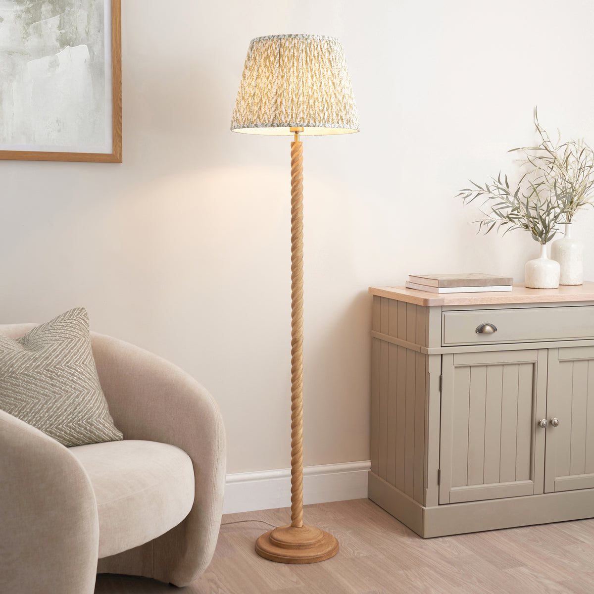 Twist Oak Effect Floor Lamp with Green Leaf Shade