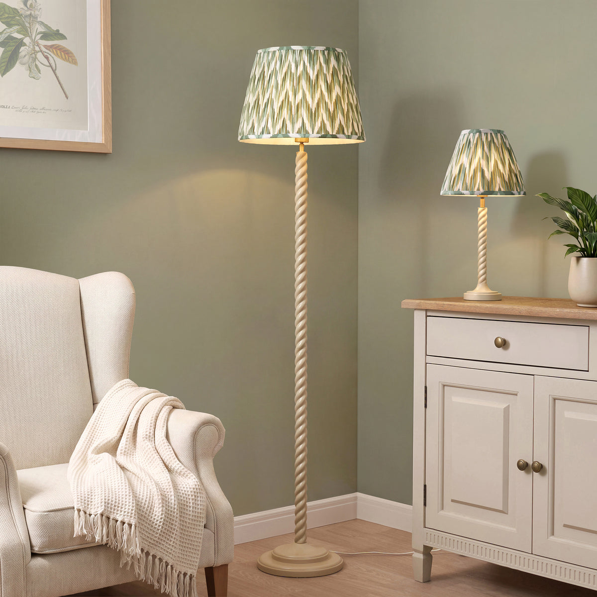 Twist Almond White Floor Lamp with Green Zigzag Shade