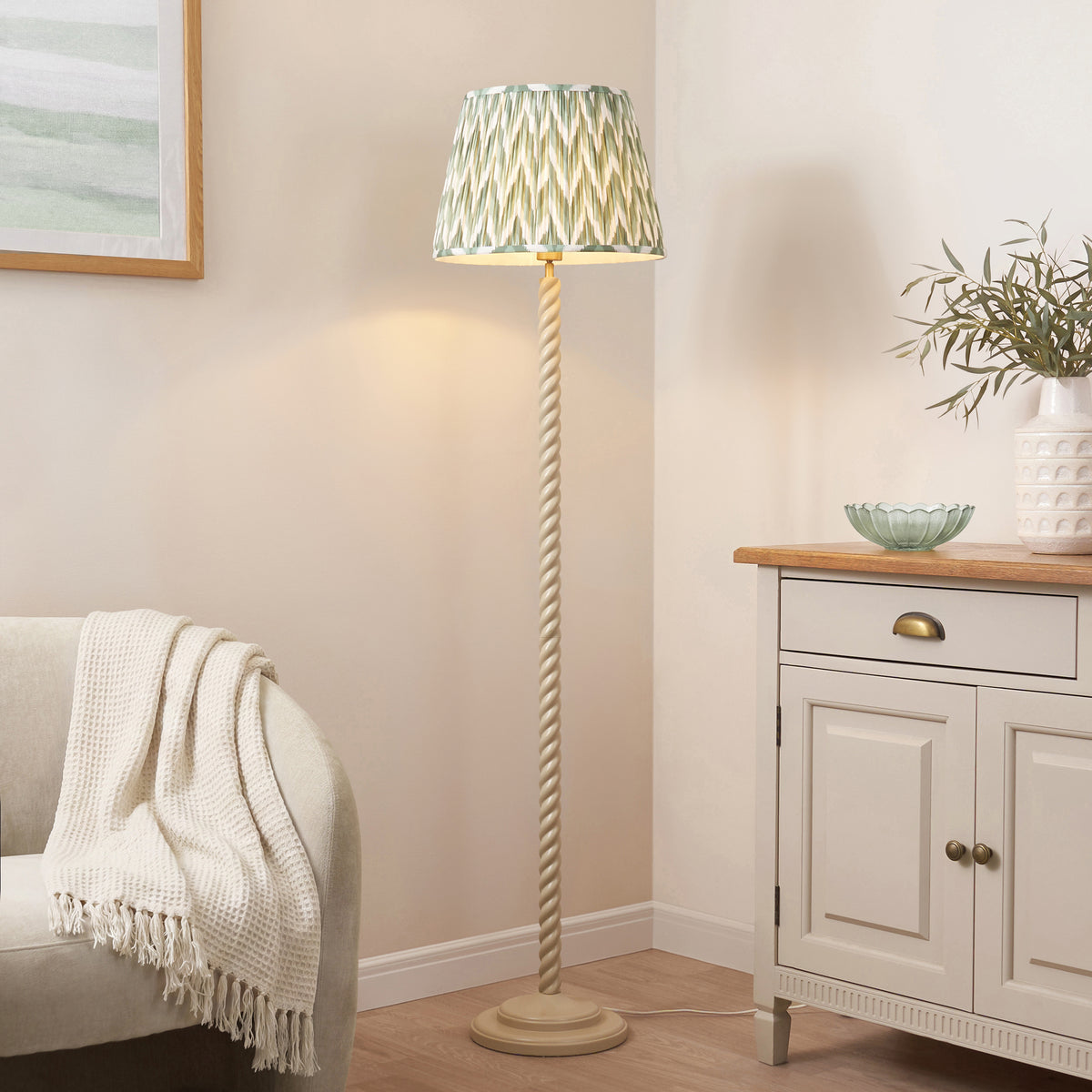 Twist Almond White Floor Lamp with Green Zigzag Shade