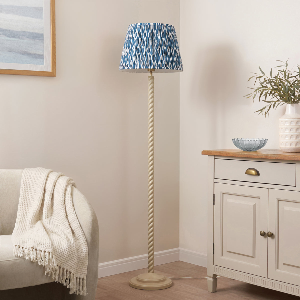 Twist Almond White Floor Lamp with Blue Ikat Shade