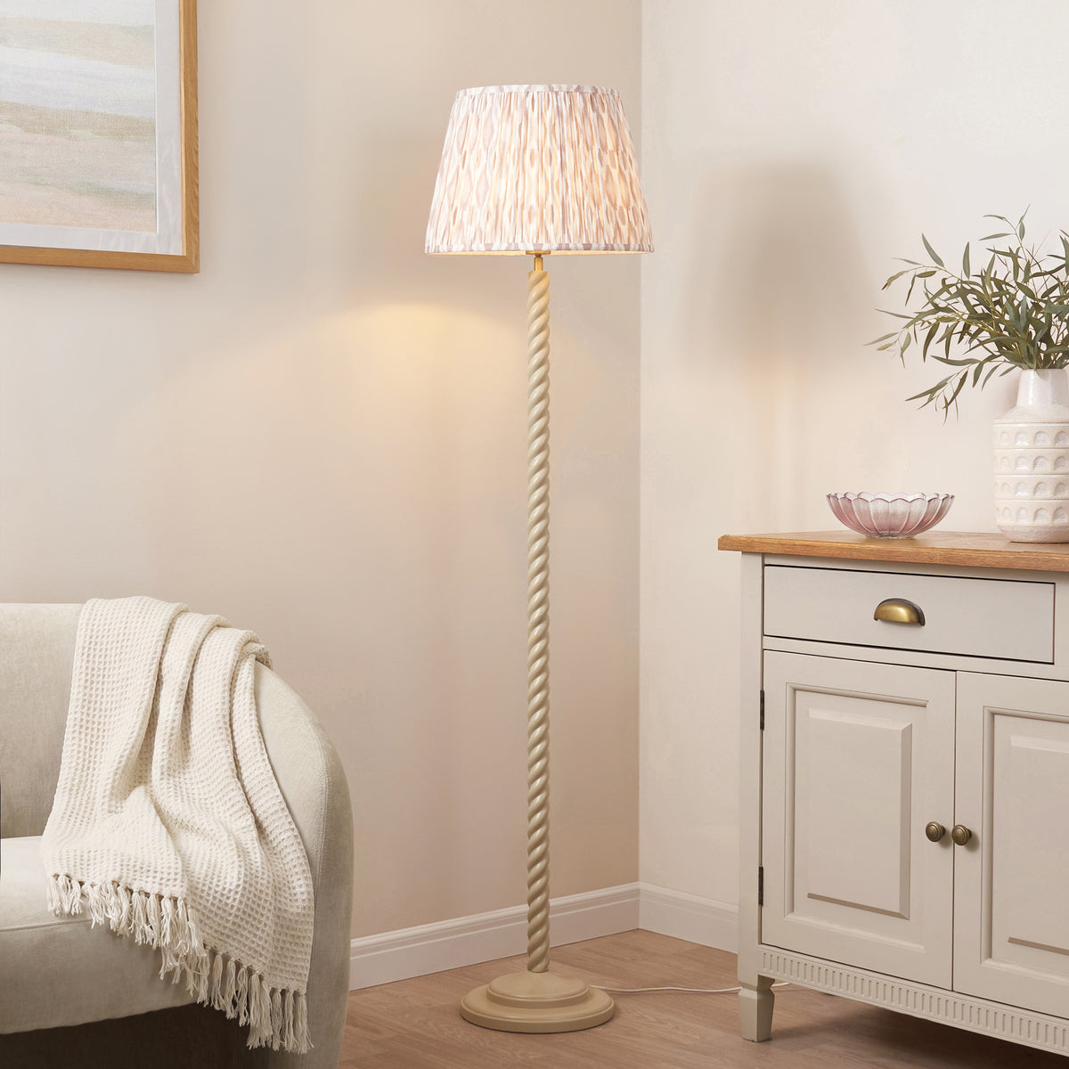Twist Almond White Floor Lamp with Neutral Ikat Shade