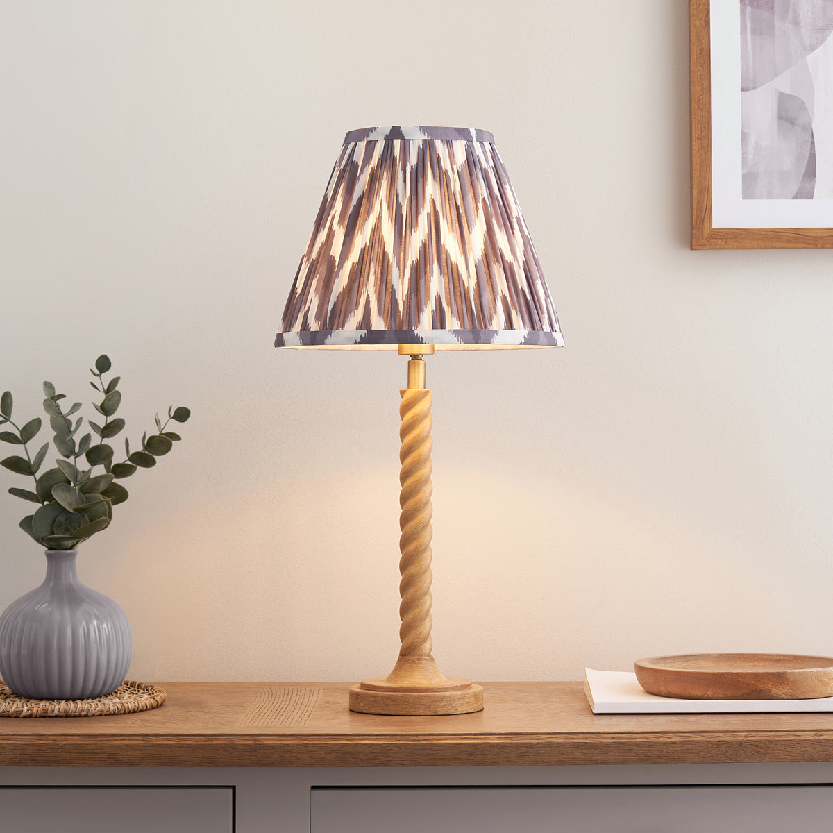 Twist Oak Effect Table Lamp with Grey Zigzag Shade