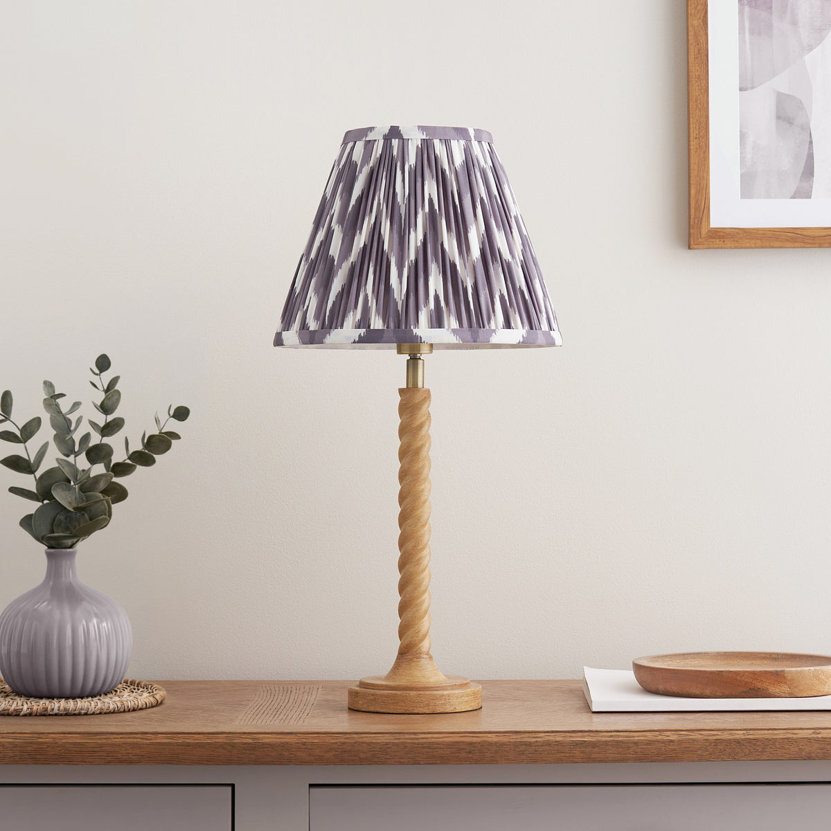Twist Oak Effect Table Lamp with Grey Zigzag Shade