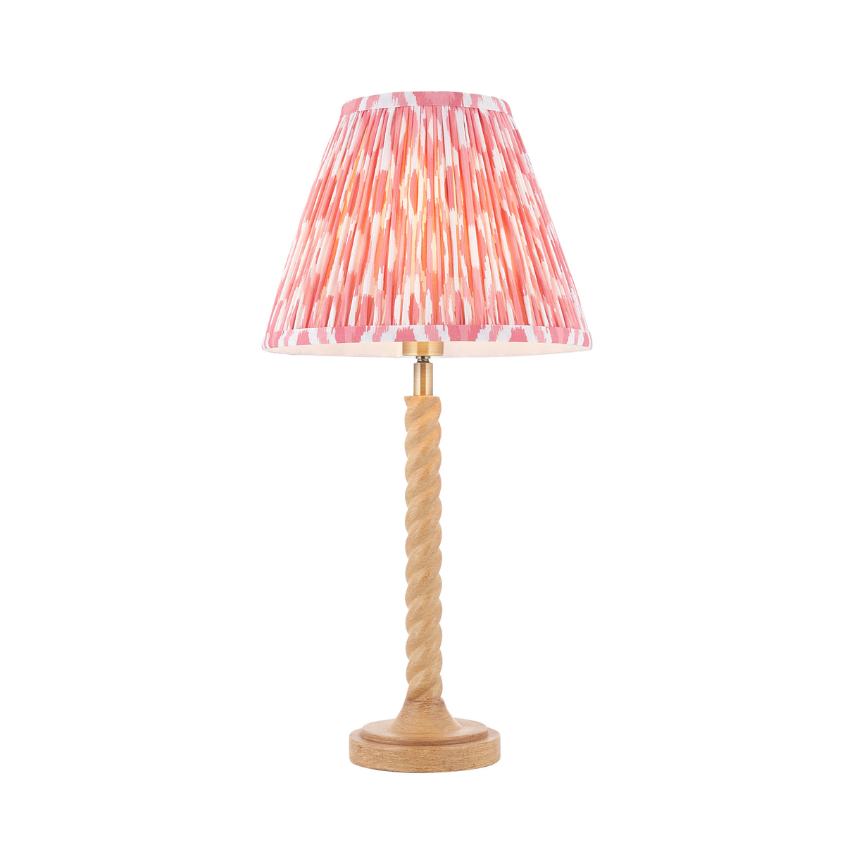 Twist Oak Effect Table Lamp with Pink Ikat Shade