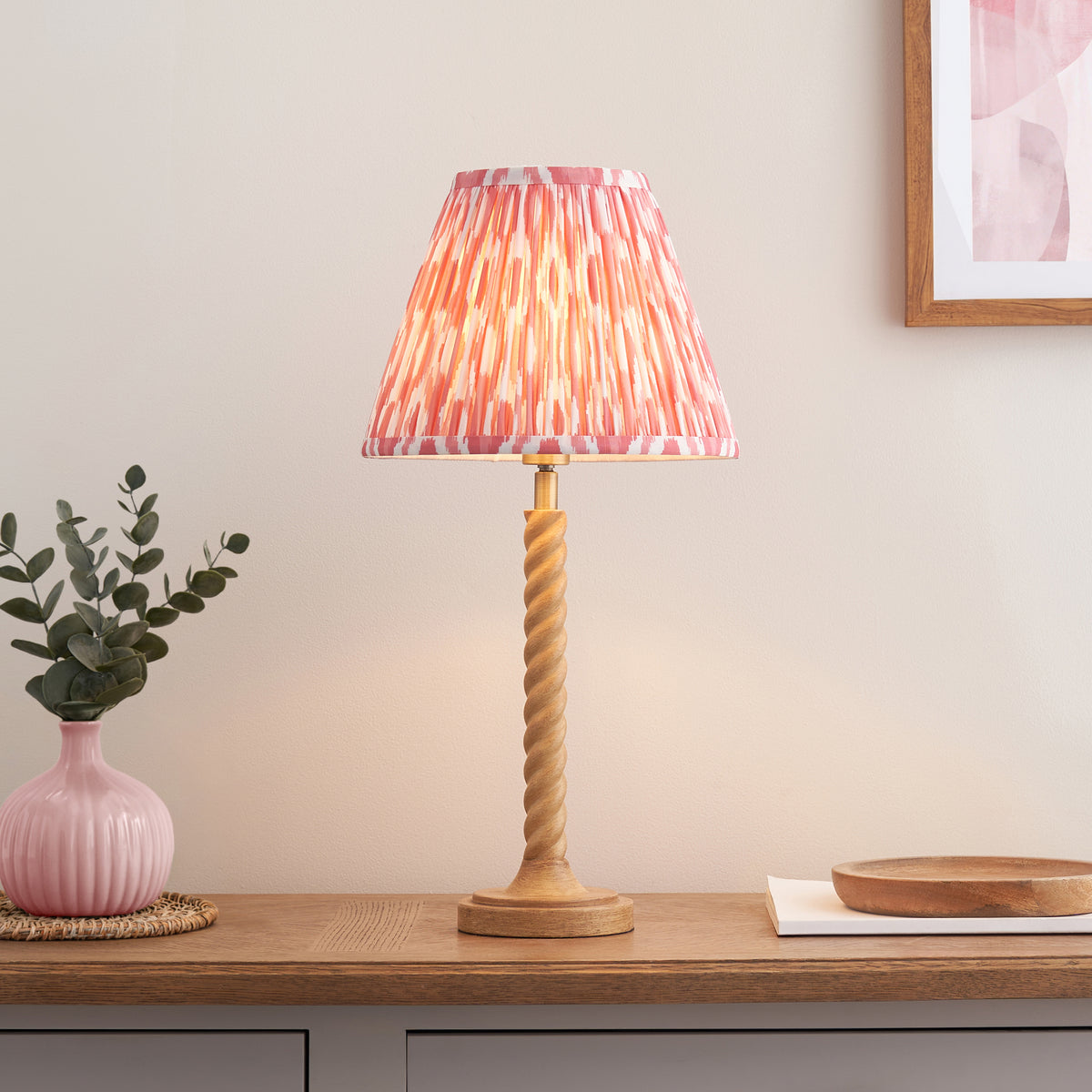 Twist Oak Effect Table Lamp with Pink Ikat Shade