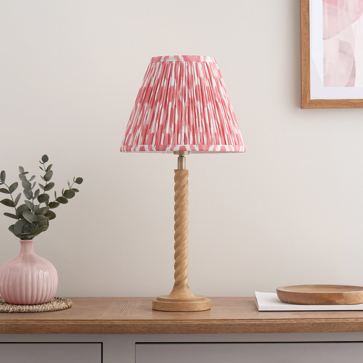 Twist Oak Effect Table Lamp with Pink Ikat Shade