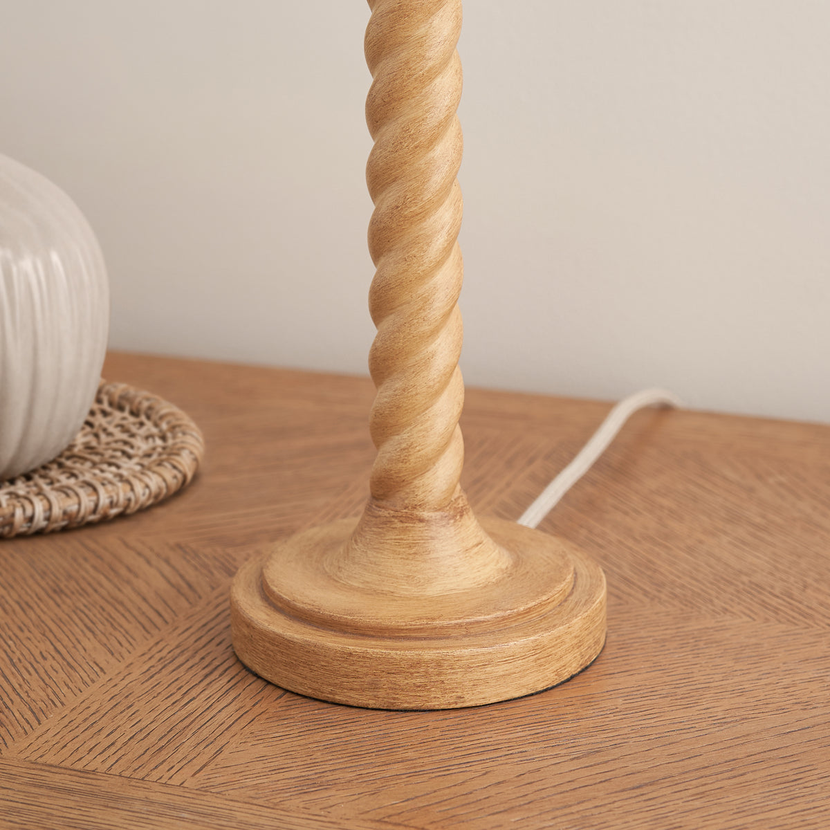 Twist Oak Effect Table Lamp with Pink Ikat Shade