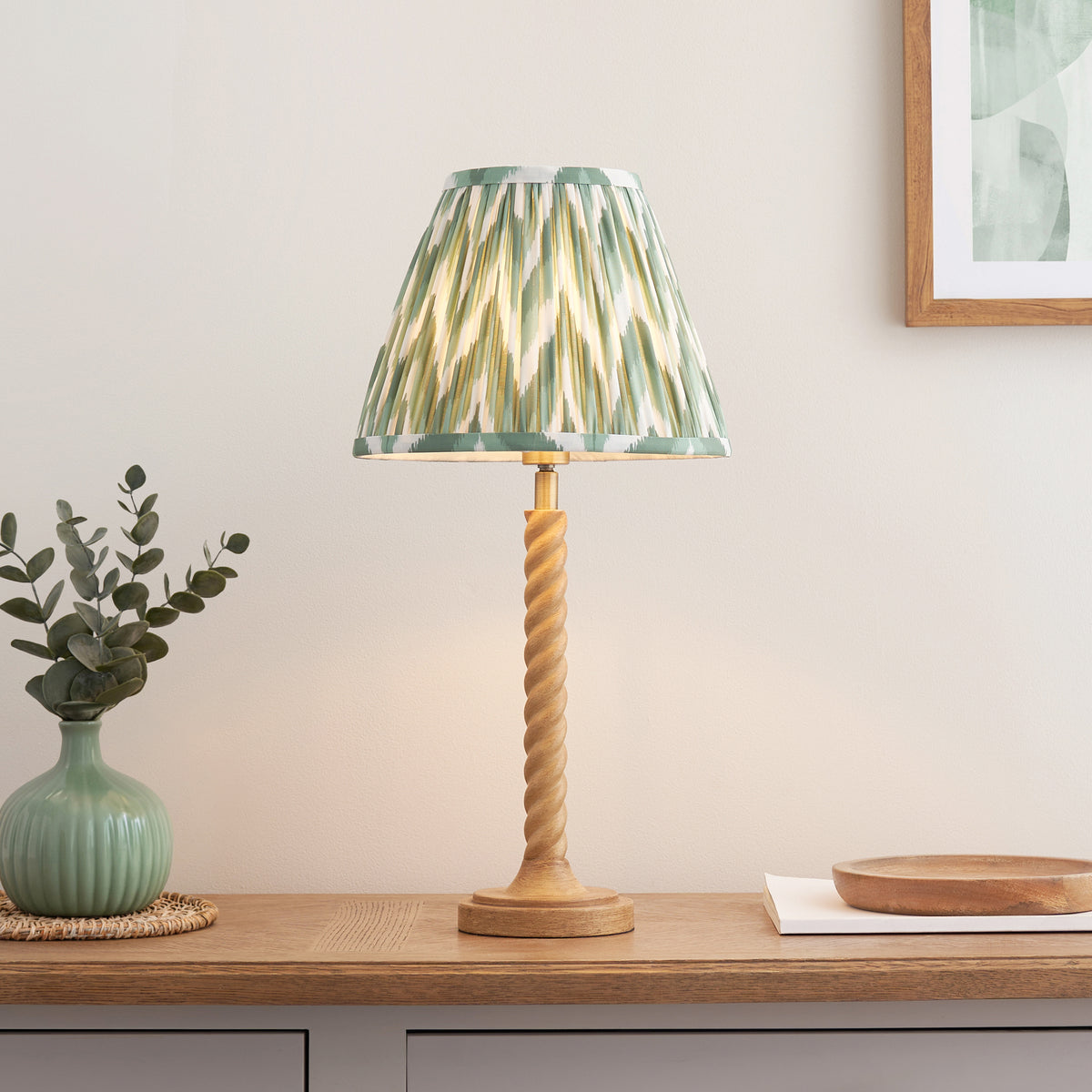 Twist Oak Effect Table Lamp with Green Zigzag Shade