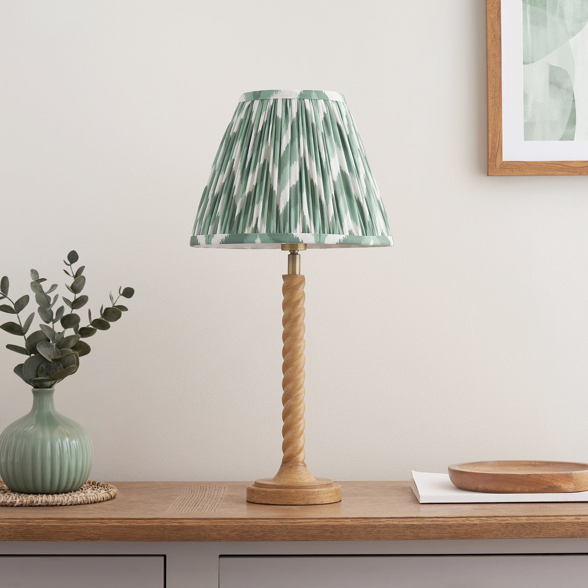 Twist Oak Effect Table Lamp with Green Zigzag Shade