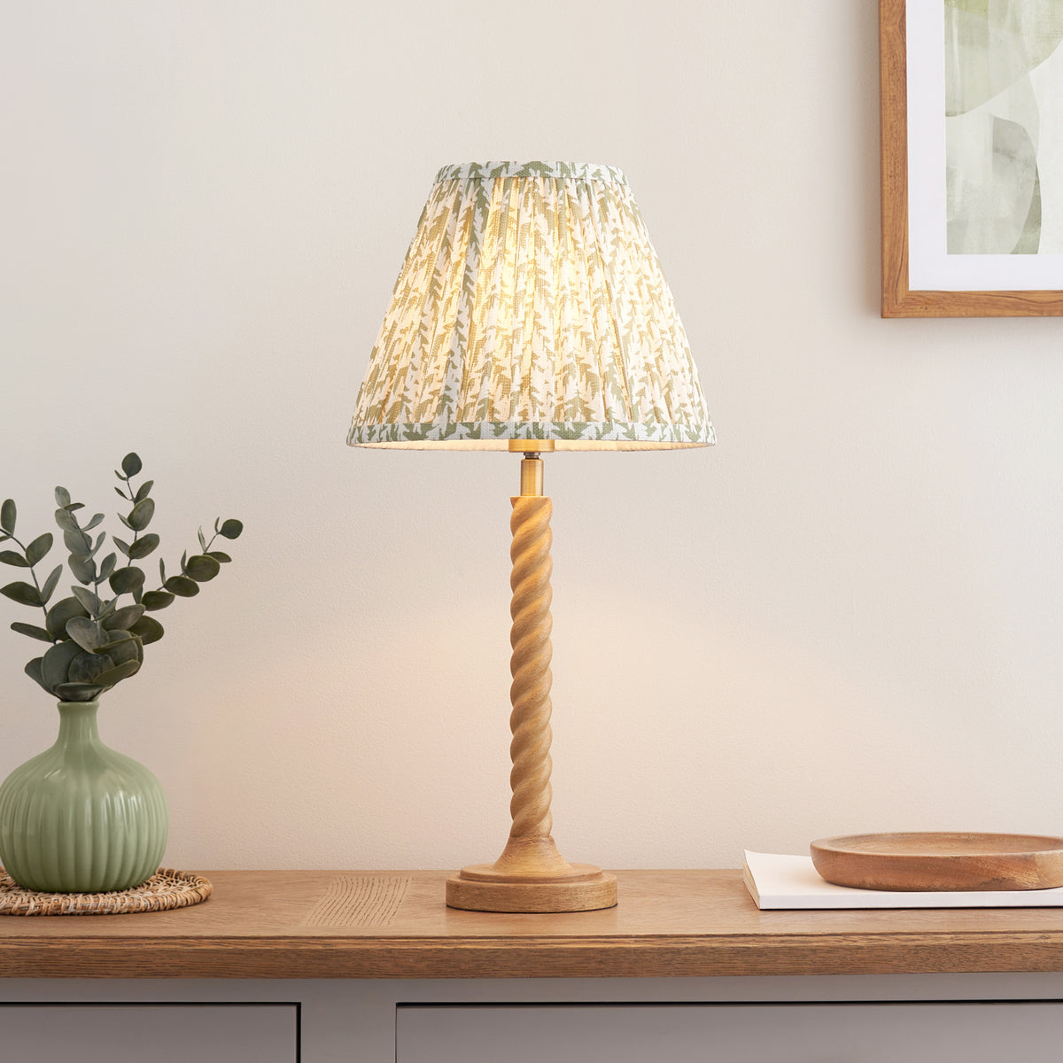 Twist Oak Effect Table Lamp with Green Leaf Shade