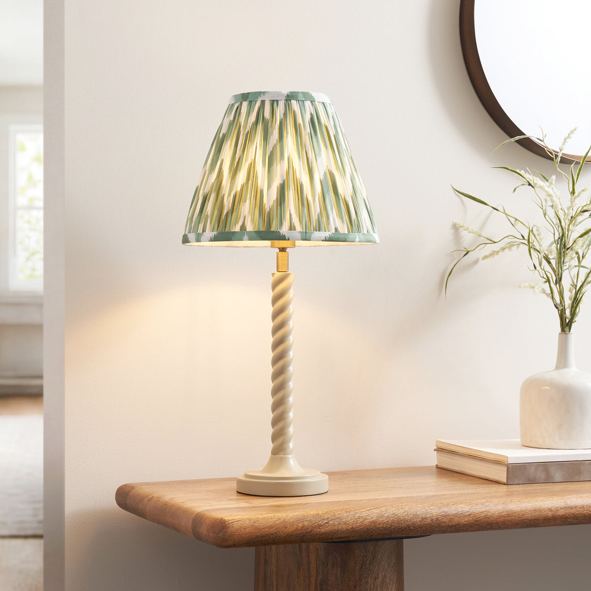 Twist Almond White Table Lamp with Green Zigzag Shade