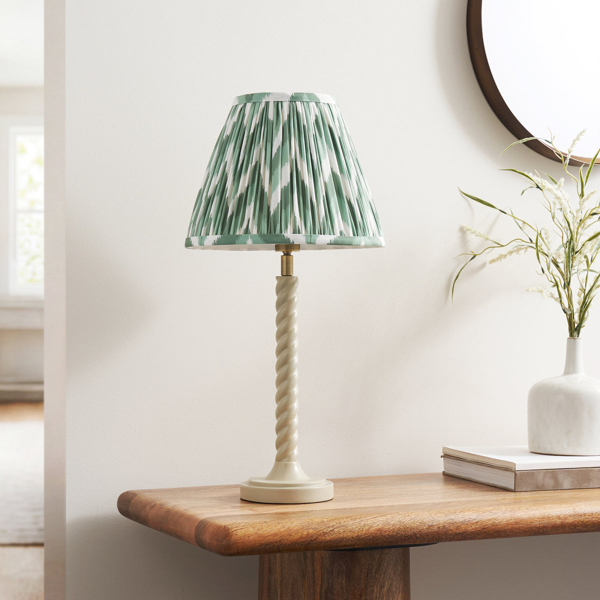 Twist Almond White Table Lamp with Green Zigzag Shade
