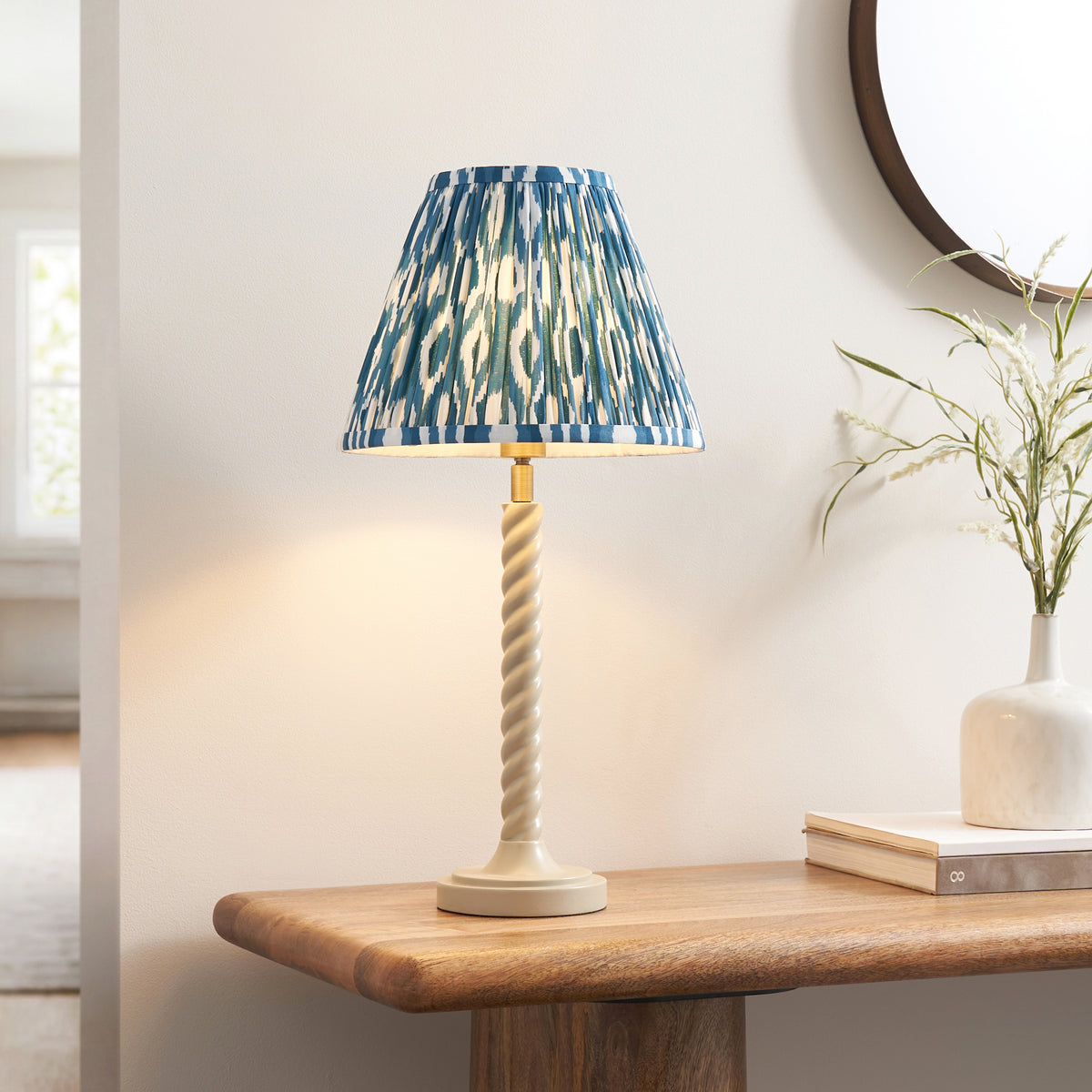 Twist Almond White Table Lamp with Blue Ikat Shade