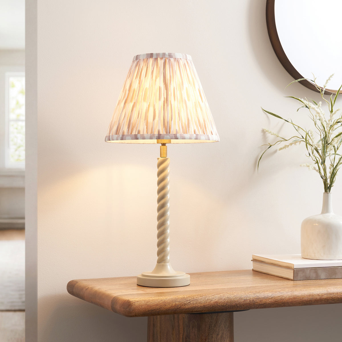 Twist Almond White Table Lamp with Neutral Ikat Shade