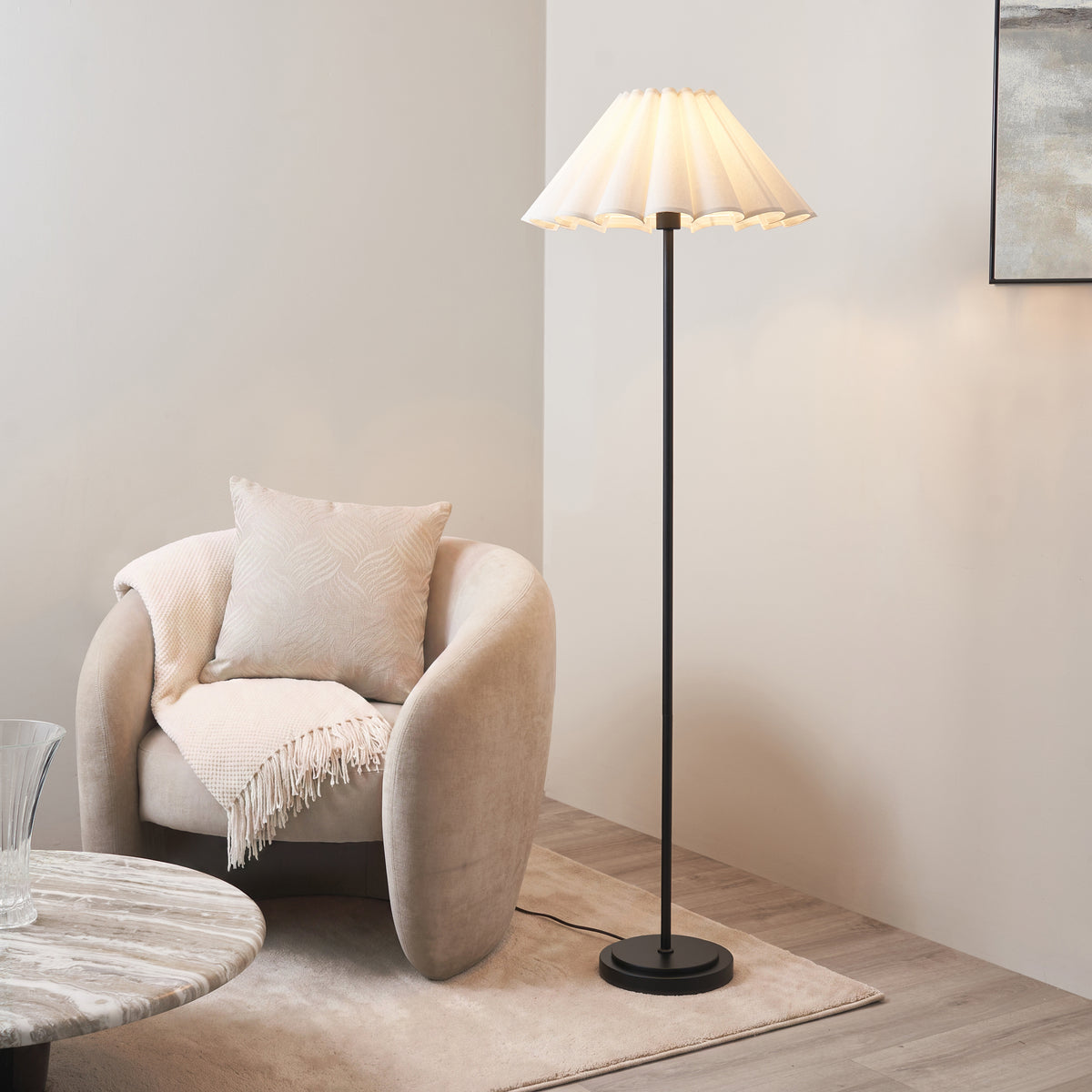 Arlo Matt Black Floor Lamp with Scalloped White Shade