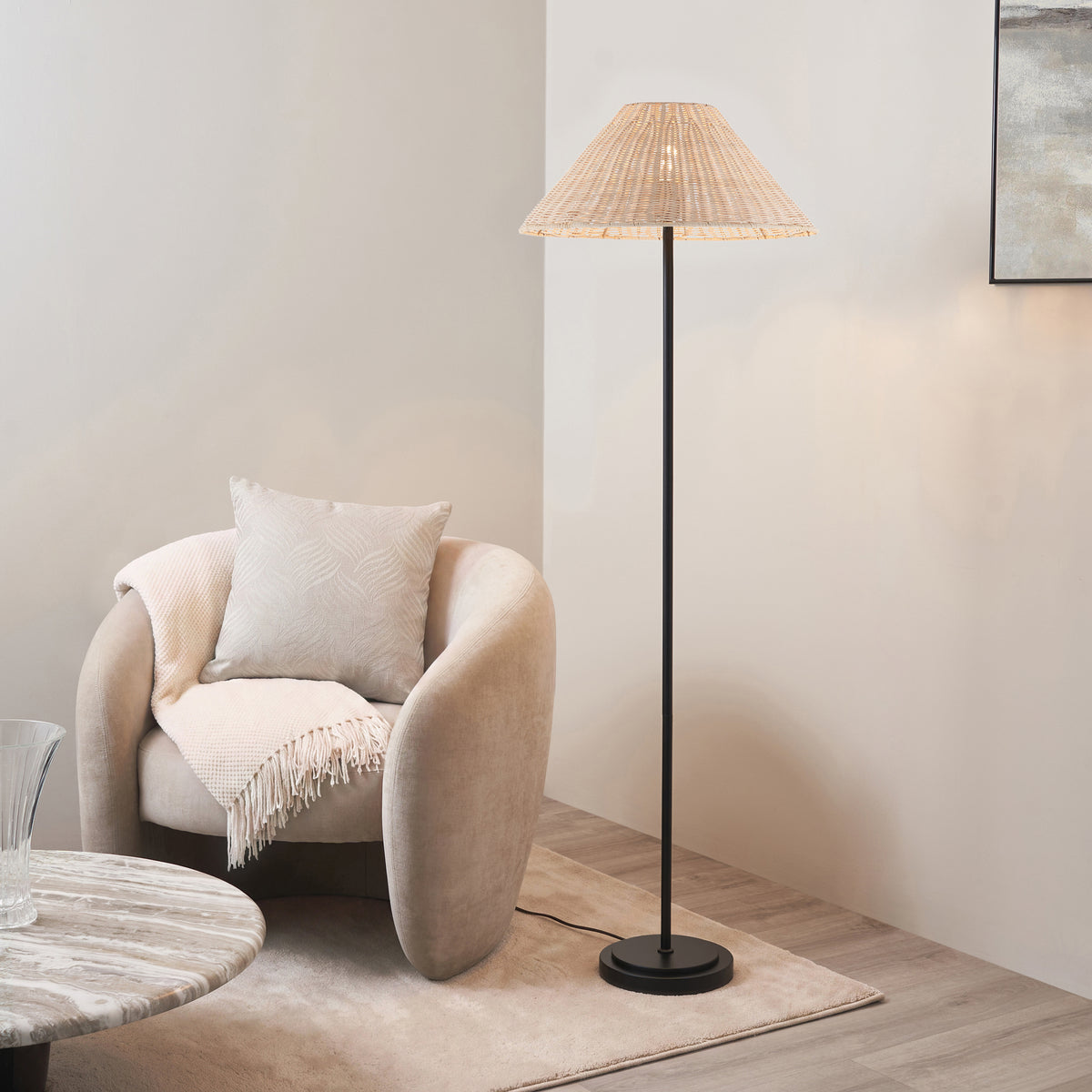 Arlo Matt Black Floor Lamp with Natural Rattan Shade