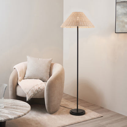Arlo Matt Black Floor Lamp with Natural Rattan Shade