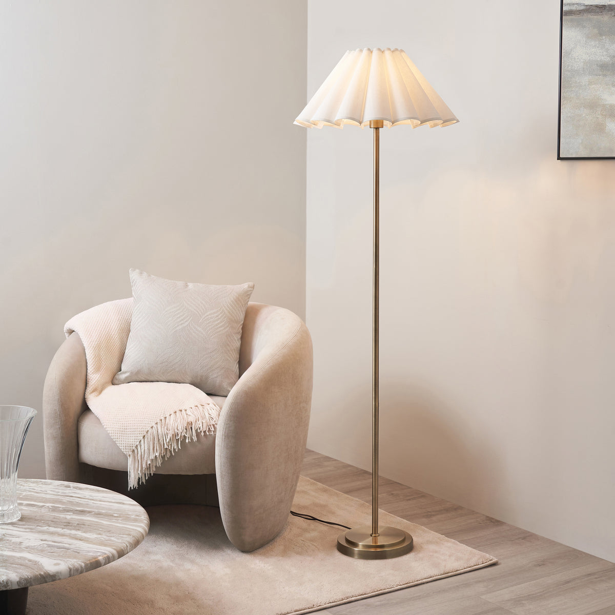 Arlo Antique Brass Floor Lamp with Scalloped White Shade