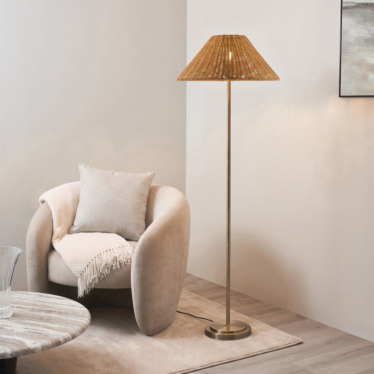 Arlo Antique Brass Floor Lamp with Dark Rattan Shade