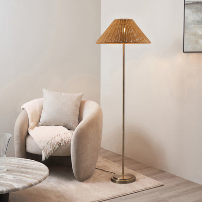 Arlo Antique Brass Floor Lamp with Dark Rattan Shade