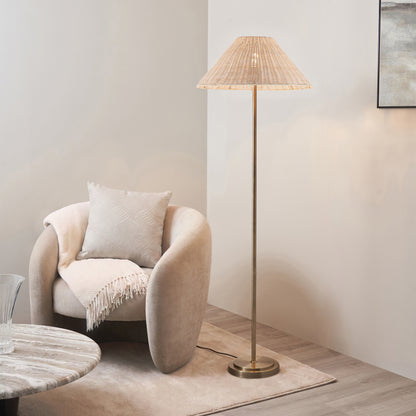 Arlo Antique Brass Floor Lamp with Natural Rattan Shade