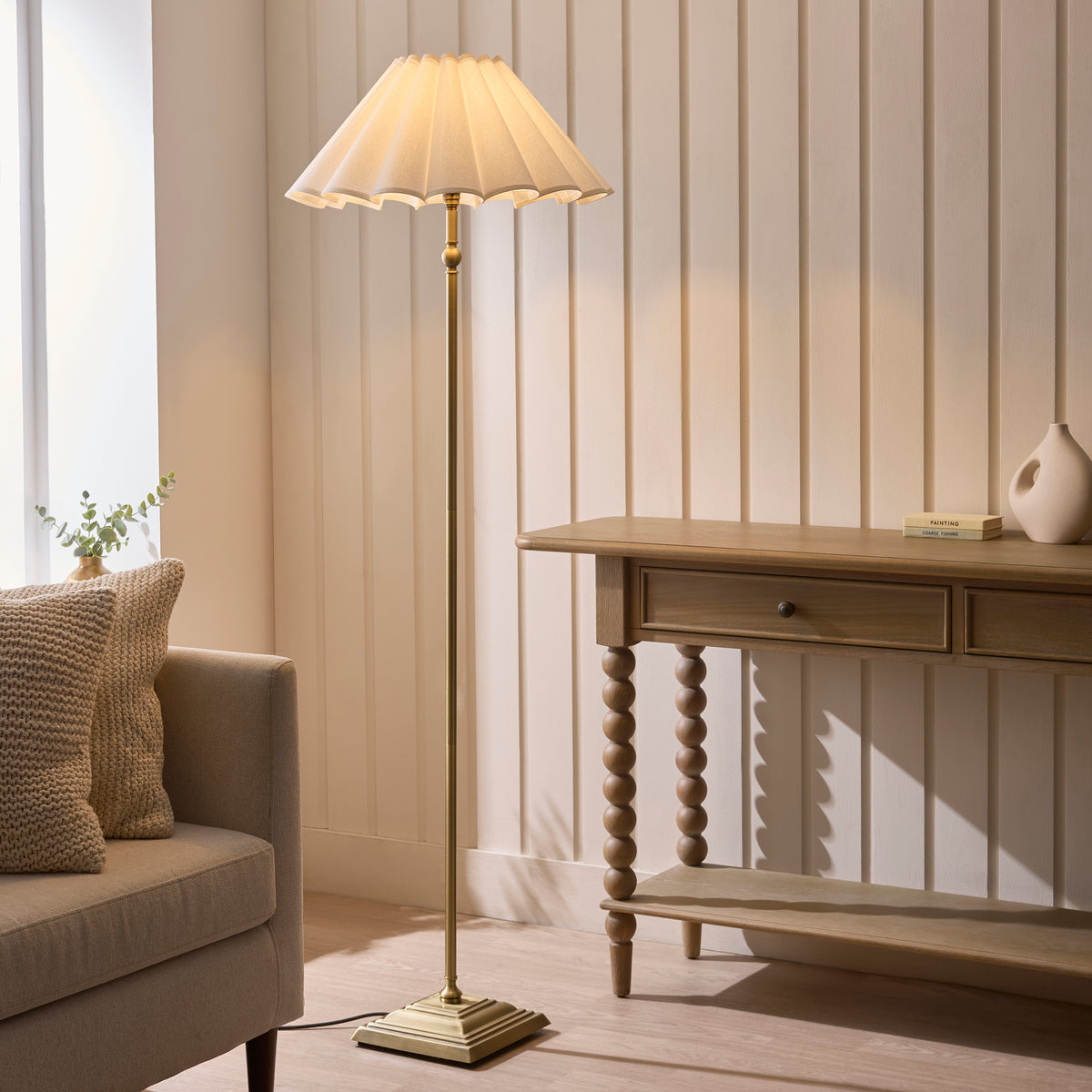 Sylvie Antique Brass & White Cotton Floor Lamp