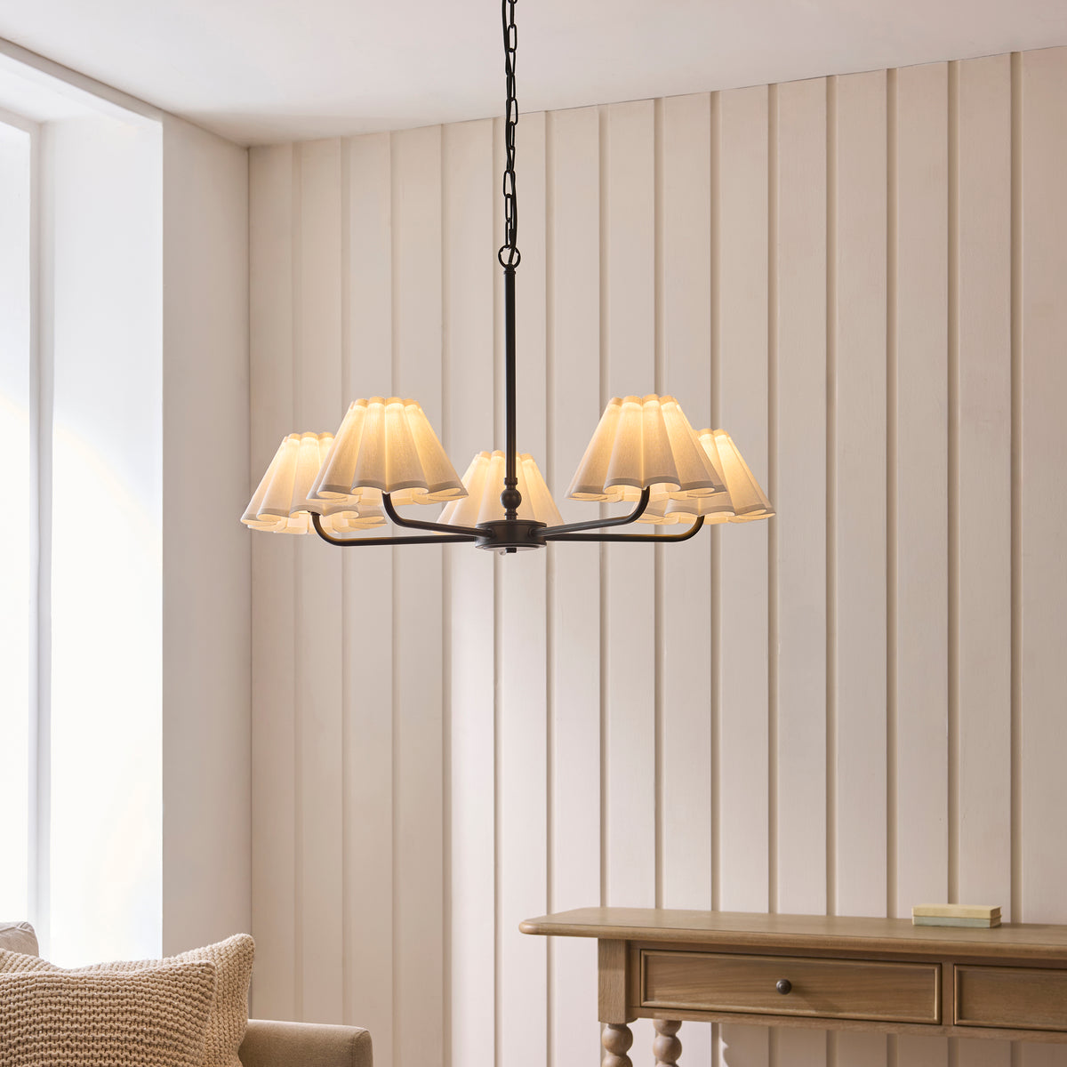 Sylvie 5 Light Matt Black & White Cotton Pendant Ceiling Light