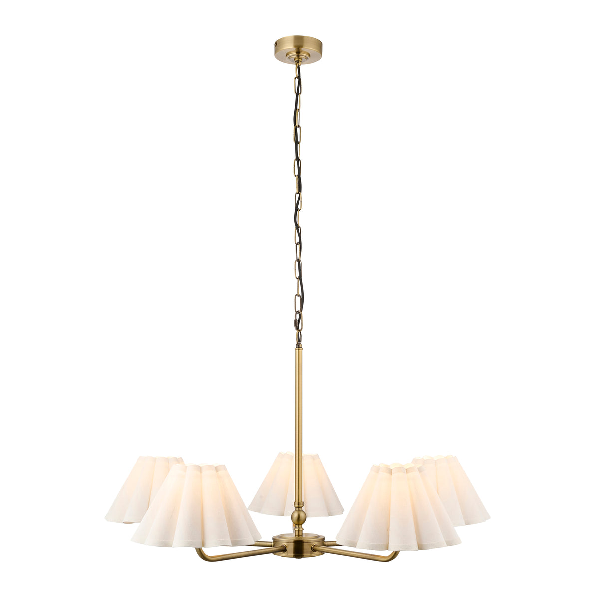 Sylvie 5 Light Antique Brass & White Cotton Pendant Ceiling Light
