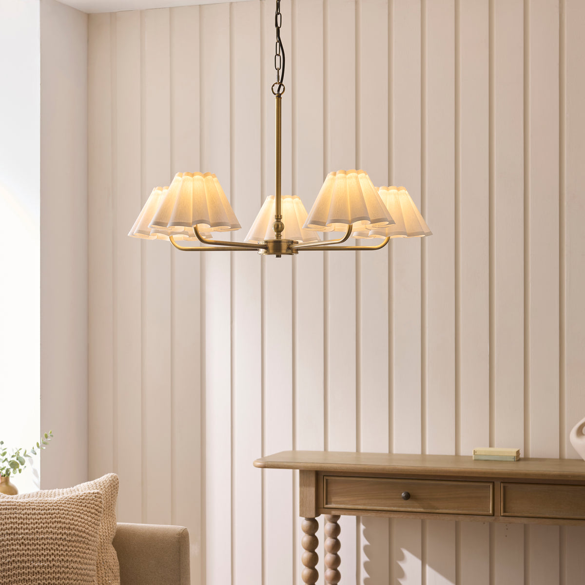 Sylvie 5 Light Antique Brass & White Cotton Pendant Ceiling Light
