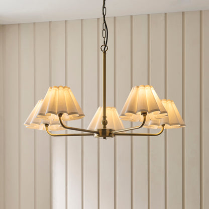 Sylvie 5 Light Antique Brass & White Cotton Pendant Ceiling Light