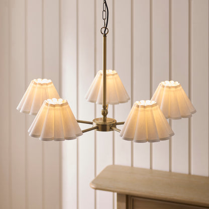 Sylvie 5 Light Antique Brass & White Cotton Pendant Ceiling Light