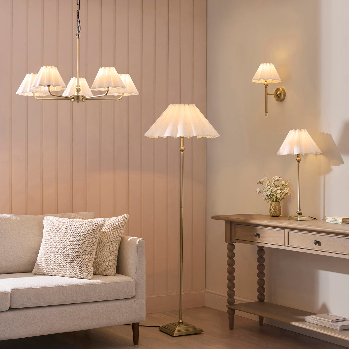 Sylvie 5 Light Antique Brass & White Cotton Pendant Ceiling Light