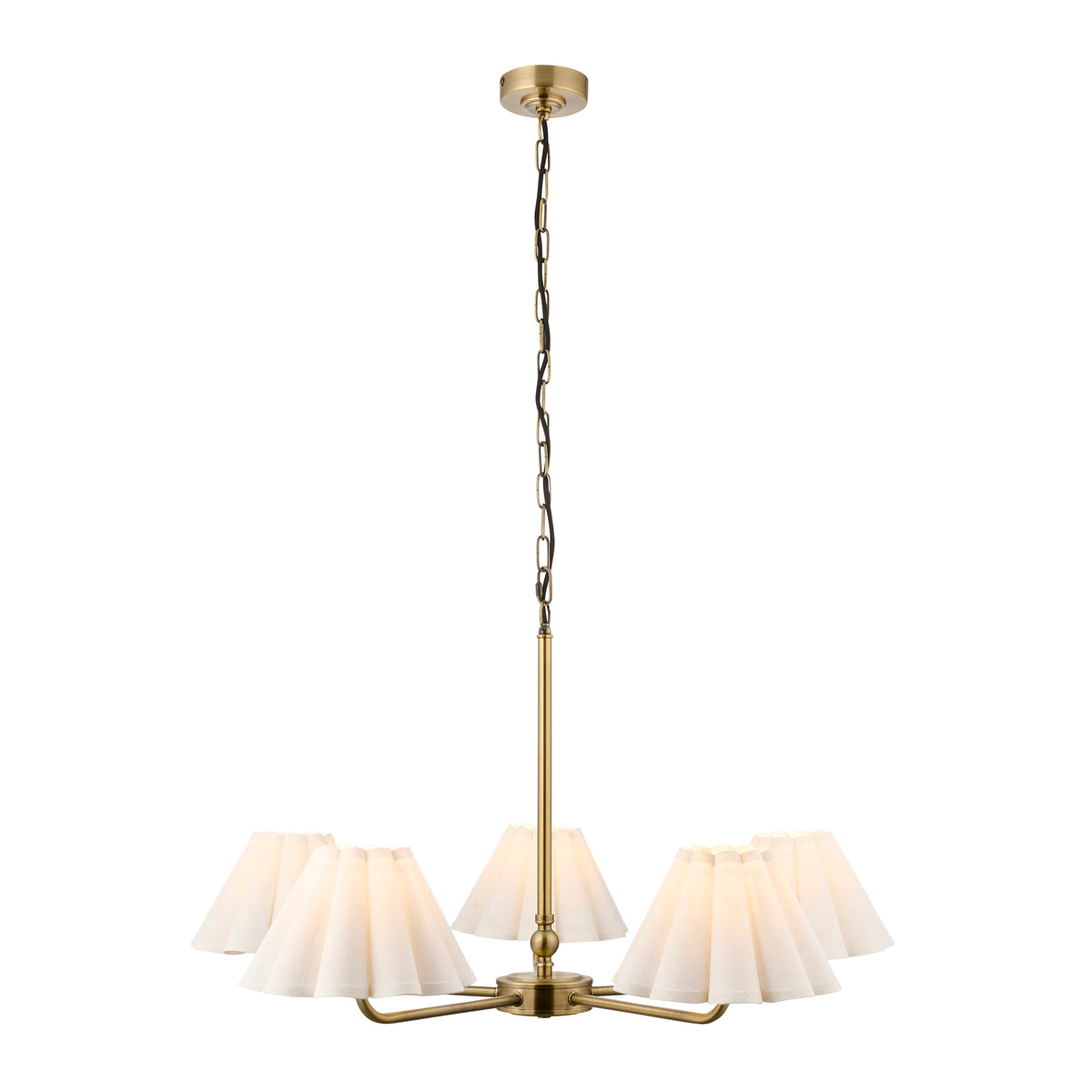 Sylvie 5 Light Antique Brass & White Cotton Pendant Ceiling Light