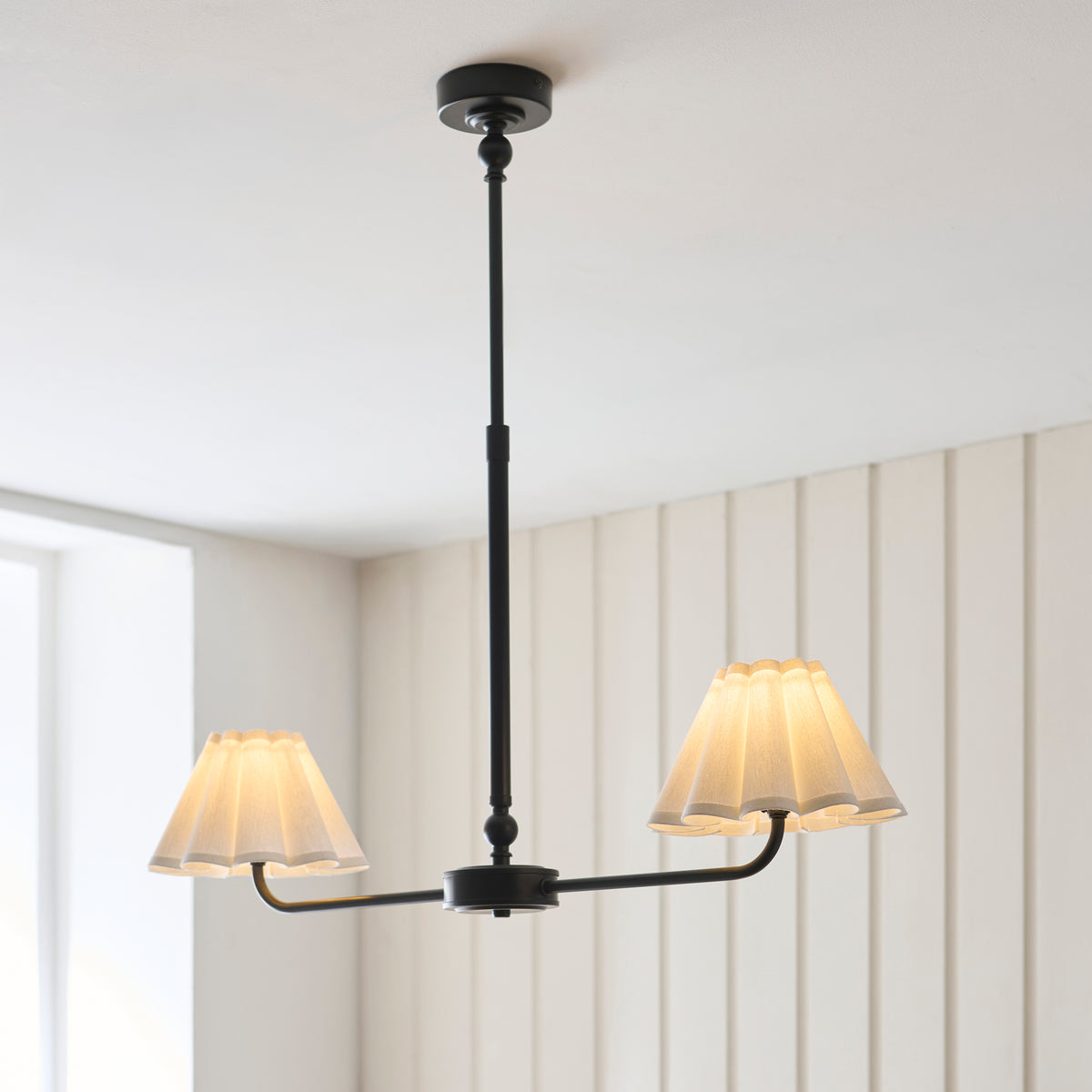 Sylvie 2 Light Matt Black & White Cotton Linear Pendant
