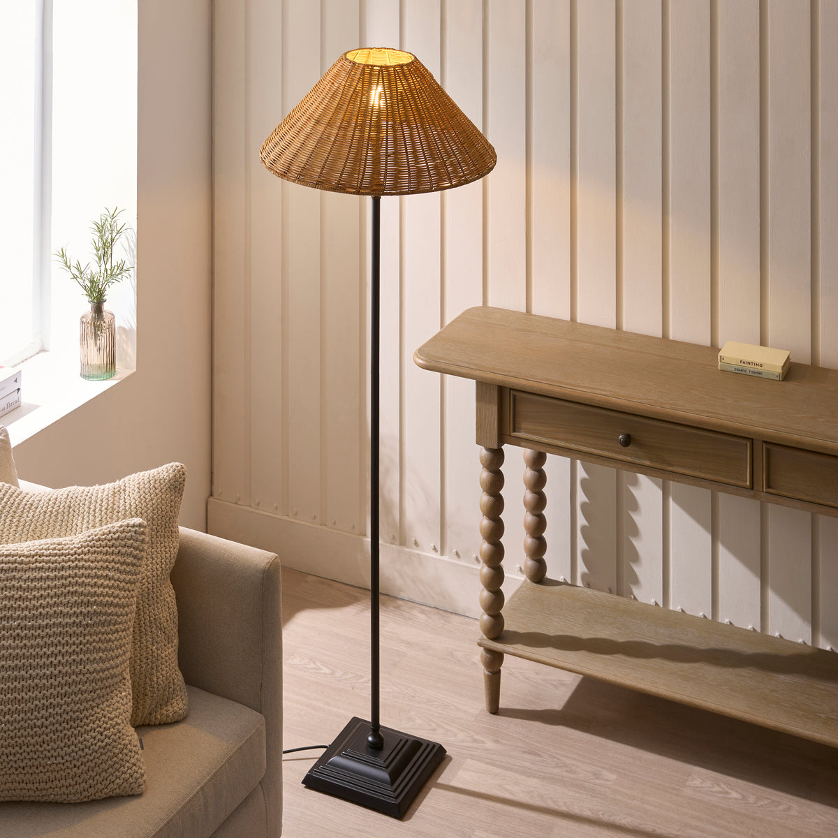 Jericho Matt Black & Dark Rattan Floor Lamp