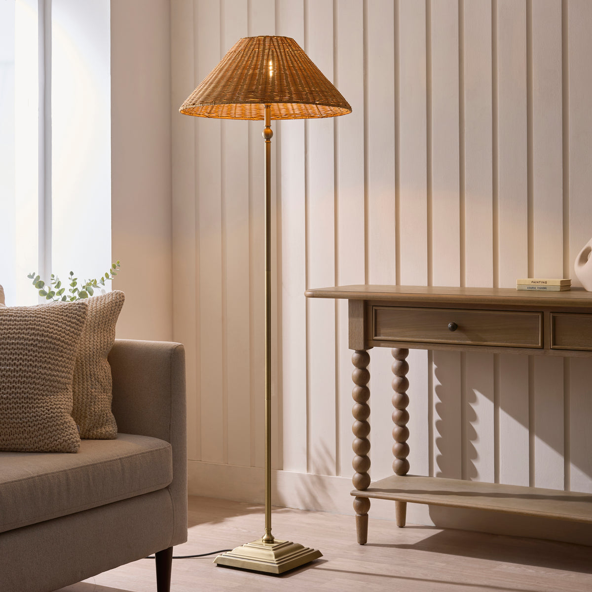 Jericho Antique Brass & Dark Rattan Floor Lamp