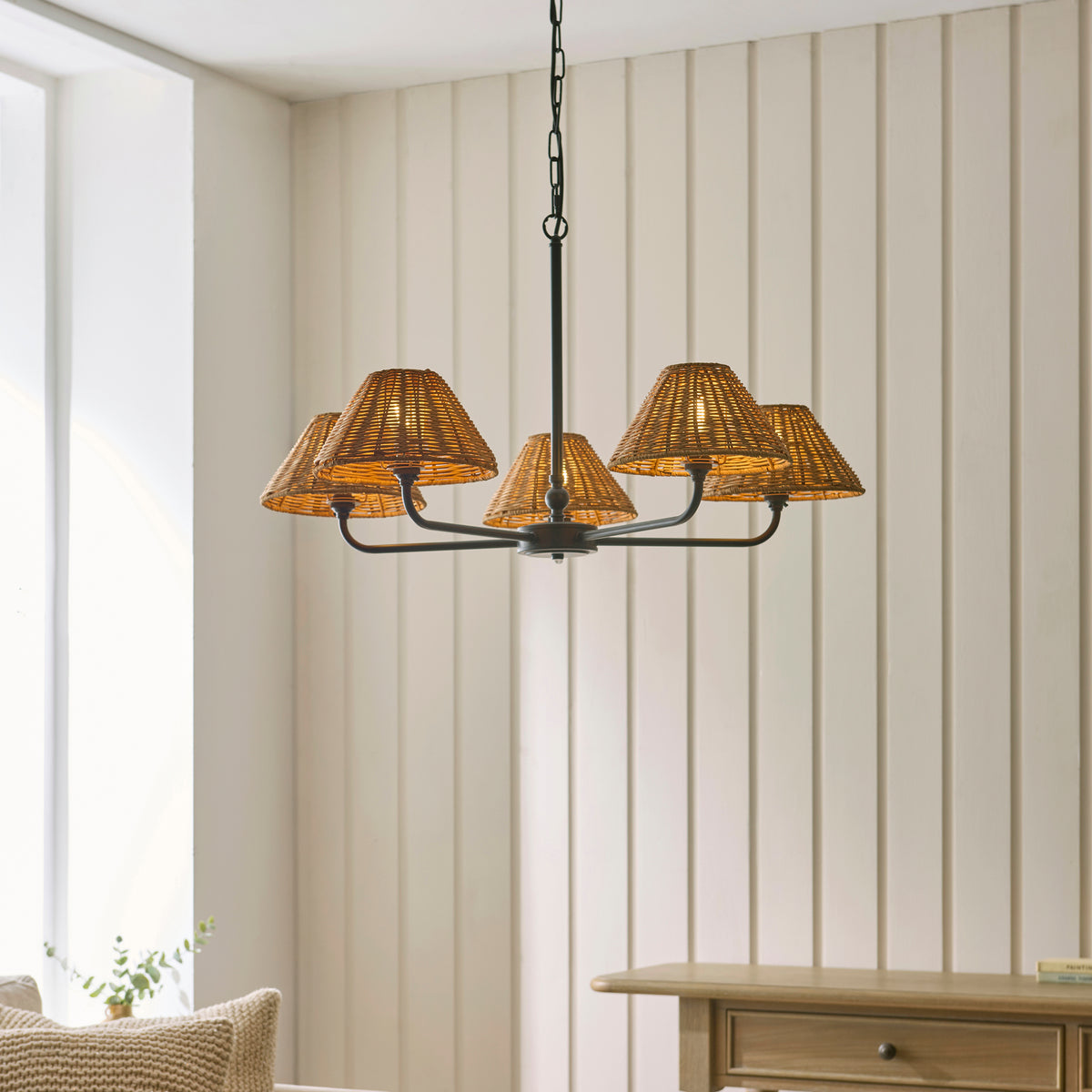 Jericho 5 Light Matt Black & Dark Rattan Pendant Ceiling Light